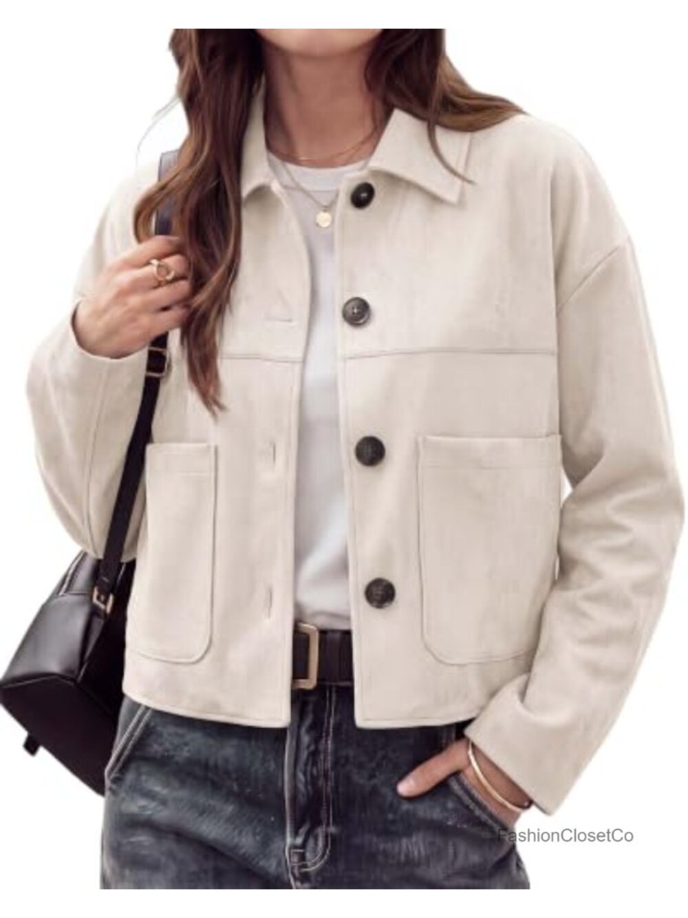 Faux Suede Cropped Jacket Button Up Collar Pockets Casual Coat